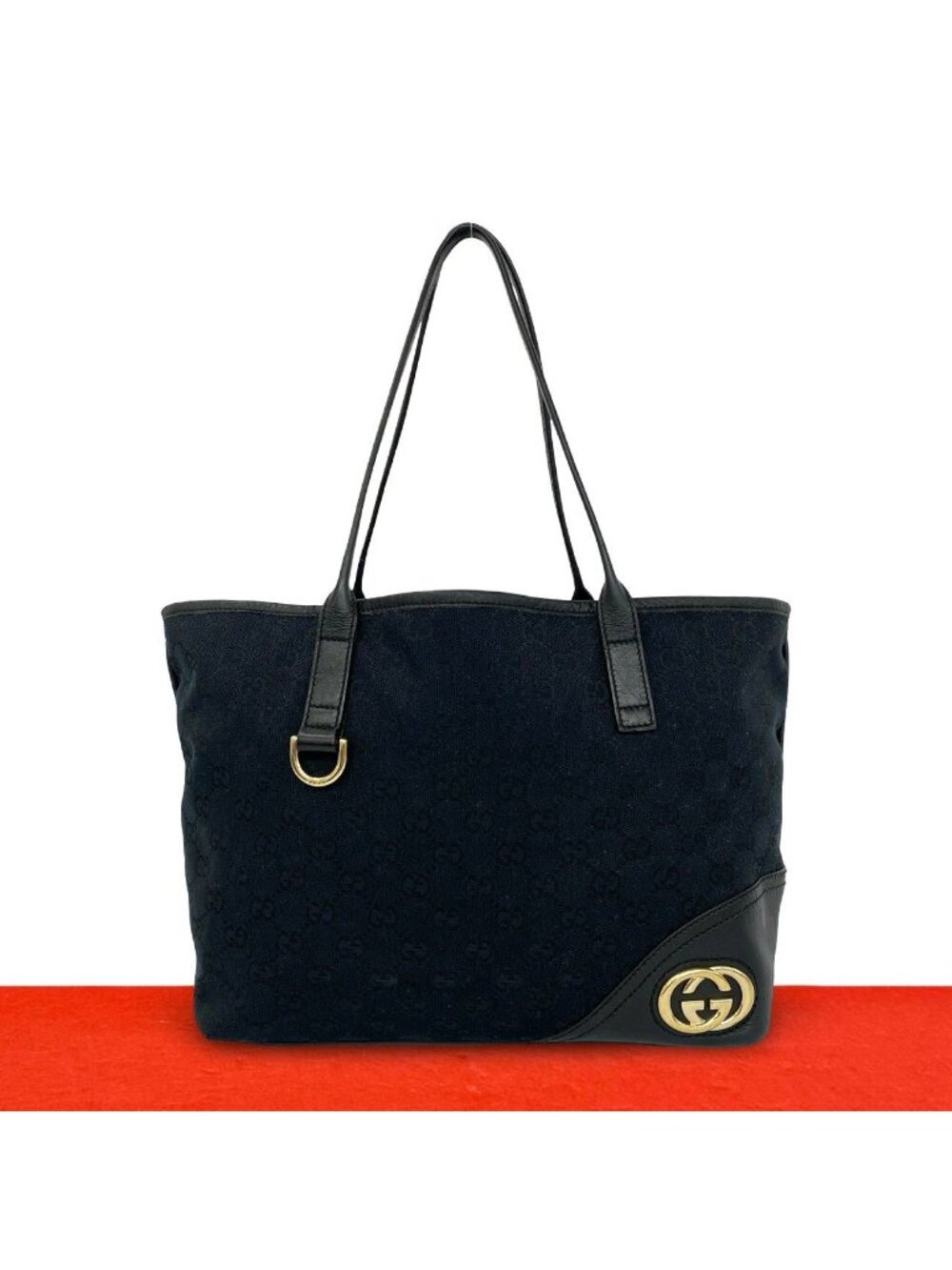 Gucci New Brit GG Logo Canvas Leather Tote Bag Black